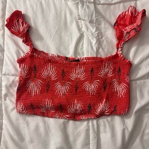 Lulu's Red Floral Smocked Tie-Strap Crop Top and maxi skirt set